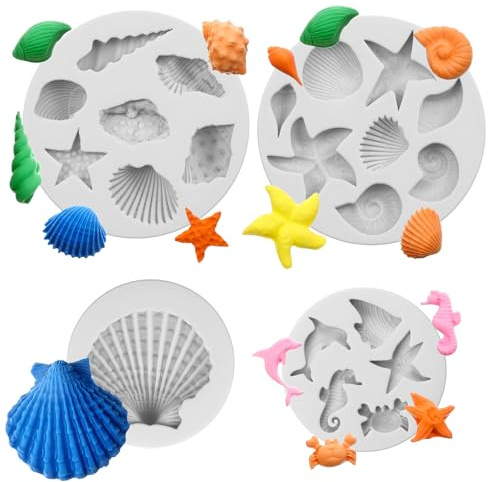 4er Set Unter dem Meer Silikonform, Muschelformen Fondant Kuchendekorationen Schnecken Seestern Ozean Backform für Schokolade Süßigkeiten Kuchen Polymer Clay Gummi Paste Handwerk