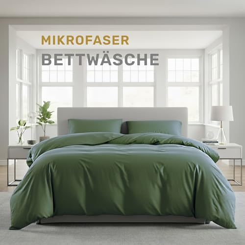 Lavea® Set Copripiumino Matrimoniale in Microfibra 200x220 cm + 2 Federe 80x80 cm – Morbido, Traspirante, OEKO-TEX - Verde oliva
