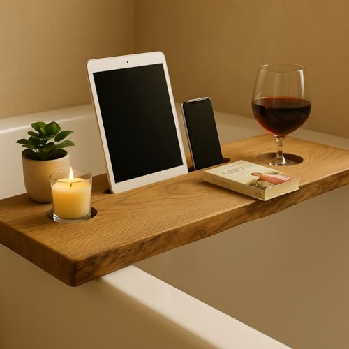 Handgefertigte Badewannenablage aus Eiche Massiv, Rustikale Baumkante, mit Tablet- und Glashalter, 75/85/95 x 20 x 2 cm (80cm breit)