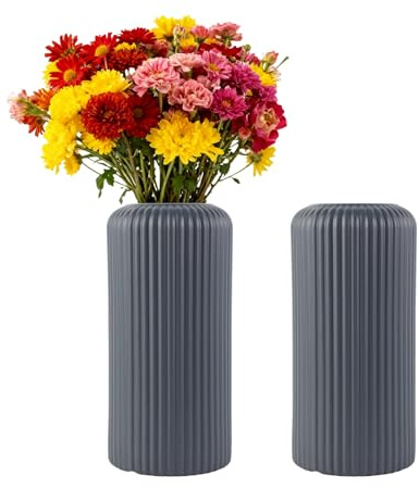 Fyfjur Vase Kunststoff, 2 Stück Blumenvase Grau, Vasen Modern Gestreift Langlebig für Wohnzimmer, Büro, Hochzeitsdekoration (20 X 10cm)