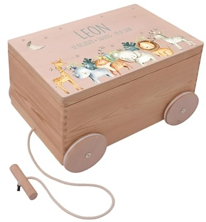 Kidsmood - Spielzeugwagen, personalisiert mit Namen – Spielzeugkiste zum Ziehen, Holzkiste mit Deckel, Aufbewahrungsbox für Baby Spielzeuge, Tolle Erinnerungskiste Baby, Geschenk zur Geburt & Taufe