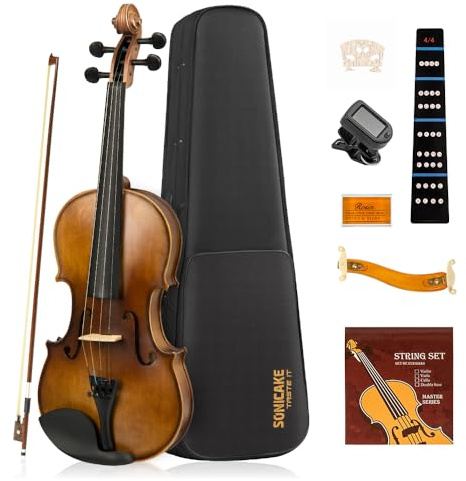 SONICAKE Violin 4/4 Full Size Fiddle Set with Hard Case, Shoulder Rest | Rosin, Bows, Clip-on Tuner and Extra Strings, QVL-01