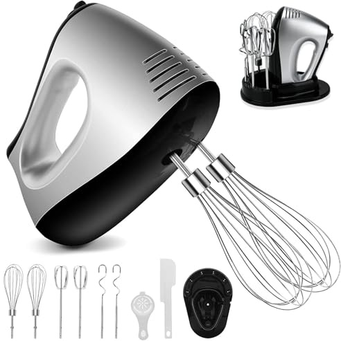 Batidora de Varillas Eléctrica 500W 5 Velocidades y Función Turbo con Varilla de Globo, Batidoras, Garfios Amasadores, Separador de Huevos, Espátula y Soporte de Almacenamiento para Repostería
