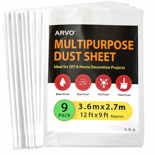 ARVO Paquete de 9 láminas de plástico extra grandes para decoración, 3,6 m x 2,75 m, polietileno impermeable para pintura, muebles, protección del suelo, ideal con monos de pintura