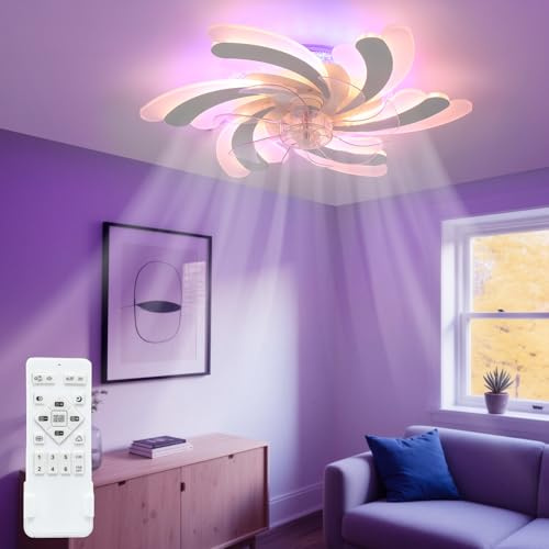 RGB LED Deckenventilator mit Licht 63cm Kristall, Leiser Ventilator Deckenlampe dimmbar, RGB Farbwechsel, Fernbedienung, 6 Stufen, Timer & Reversierfunktion, Deckenleuchte für Schlafzimmer,Wohnzimmer