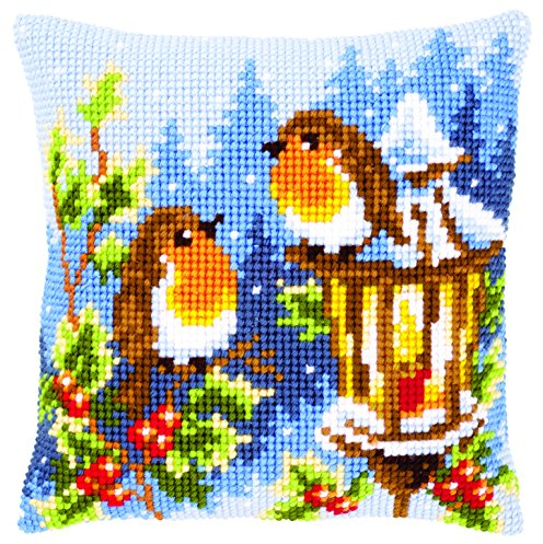VERVACO Kreuzstich Stickpackungen Kissen Stickerei Set Anfänger Vorgedruckt Rotkehlchen mit Lampe DIY Set Kreativ Set Für Erwachseneca. 40 x 40 cm Bastelset Handwerker Haus Dekoration