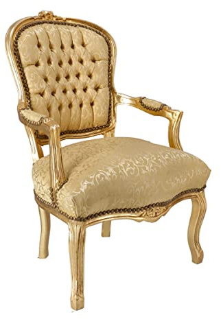 Way Home Store - Poltrona Luis Stile Francese Luigi XVI colorazione Oro e Tessuto Color Oro con Foglie Ricamate - Poltrona in Legno Robusta e Resistente - Dimensioni : 63X65X94