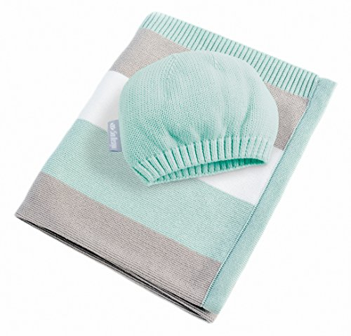 sei Design Baby Decke aus 100% Baumwolle 90 x 70 | kuschelige Strickdecke + Mütze | Ideal als Erstlingsdecke, Kuscheldecke, Puckdecke für Mädchen oder Jungen