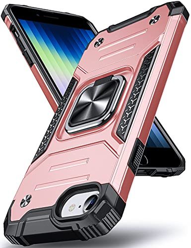 DASFOND Armor Hülle für iPhone SE 2022/8/7/6S/6 iPhone SE 2020 Case Militär Stoßfest Handyhülle [Upgrade 2.0] 360 Grad Metal Ring Halter Ständer Schutzhülle [für Auto Magnet], Rosa