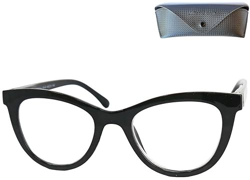 Cateye Dicker Lesebrille Damen Schwarz Kunststoff +1,0 bis +2,5 mit Etui | Vier Lesestärken für Handy, Büro, Bücher und kleine Schrift; 138 mm breit, 28 g, schwarzer Kunststoffrahmen mit Etui