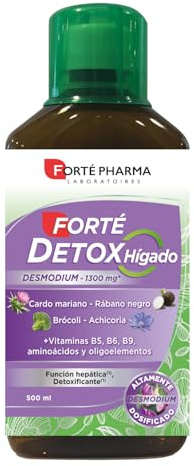 Forté Detox Hígado es un complemento alimenticio elaborado a base de desmosium, cardo mariano, brocoli y achicoria más vitamina B5, B6, B9, aminoácios y oligoelementos, Líquido, 500 ml