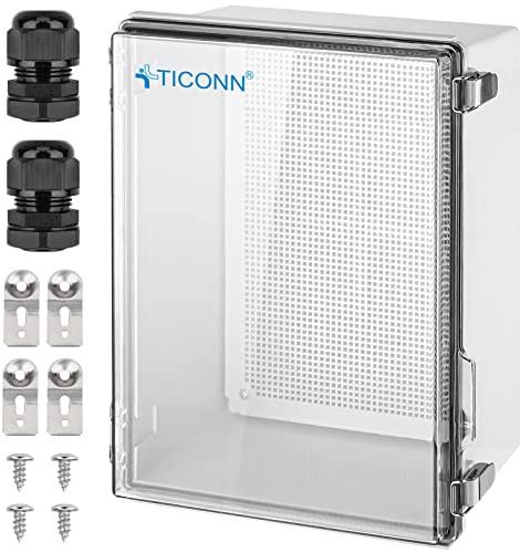 TICONN Outdoor Electrical Box Waterproof, Junction Box IP67 ABS Plastic Enclosure with Hinged Cover with Mounting Plate, Wall Brackets, Cable Glands (Clear, 15.7x11.8x7.1)