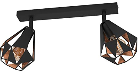 EGLO Deckenlampe Carlton 7, Deckenleuchte mit 2 Spots, Spotbalken Vintage | Industrial, Retro, Wohnzimmerlampe aus Stahl in Schwarz und Kupfer, Lampe Decke mit E27 Fassung