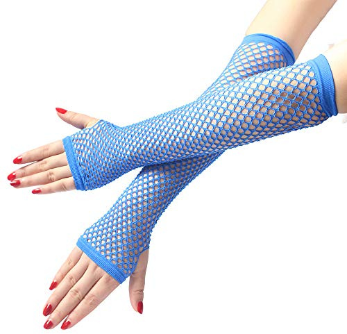 PTNKUIIY Damen Lange Netz Handschuhe,Frauen Fingerlose Fischnetz Lange Handschuhe Elastische Nylon Mesh Handgelenk Handschuhe Abendhandschuhe für 80er Jahre Mottoparty Kostüm Zubehör Halloween,Blau