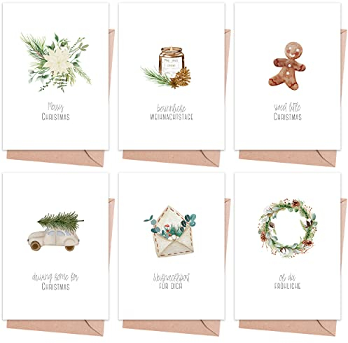 Weihnachtskarten mit Umschlag Set (12 Stück) - A6 Klappkarten für Weihnachten - Christmas Postkarte mit Umschlägen für deine Weihnachtsgrüße - Coole Weihnachtspostkarten mit und ohne Sprüche