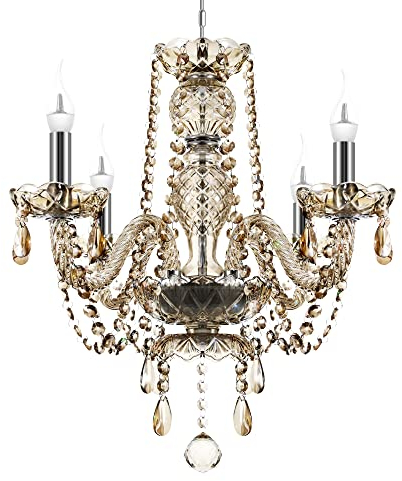 TRY-YEAN Lustre Cognac en Cristal 4 Bras Moderne Lampe de Plafond E14 Lustre Cristal K5 Suspension Pampilles 56cm avec Chaîne Réglable pour Salon Chambre Entrée De Couloir