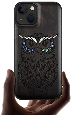 Carveit Coque magnétique pour iPhone 13 Étui Luxe [Gravure en Bois et Incrustation de Coquille] Case Compatible Magsafe avec 13 Etui (Bois Sombre-Chouette)