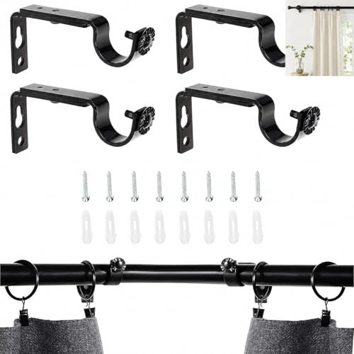 FLAVNTEL Support de Tringle à Rideau Réglable, 4 Pcs Supports Murale en Métal avec Vis et Chevilles pour Tringle à Rideau Fixation de Maison Chambre Bureau, Noir