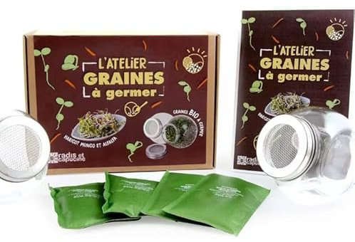 Radis Et Capucine Graines à germer 2 pousses en verre et 2 sachets de graines biologiques Agriculture biologique Made in France