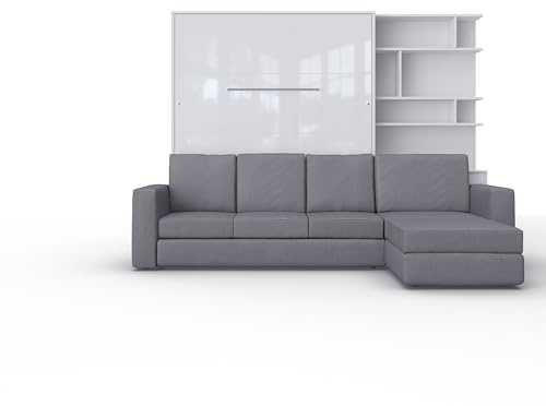 MAXIMAHOUSE Schrankbett vertikale mit Ecksofa, Invento LED 160V mit Lattenrost aus Holz, Wandklappbett 160x200 Erwachsene, modern Concept und Design, praktisch (Weiß/Weiß Glanz + graues Sofa + Regal)