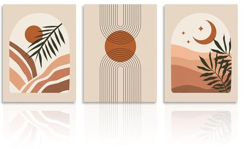 Art Mural Abstrait Botanique Boho, Tableau Décoration Murale Géométrique Végétale, Affiches Murale Vert Sauge et Orange pour Chambre Salon Salle de Bain 30x40 cm Sans Cadre, Lot de 3