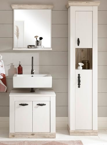 Furn.Design Badmöbel Set in weiß Pinie/Oslo Pinie Landhaus-Stil Badezimmer 3-teilig mit Waschbeckenunterschrank, Spiegel, Hochschrank 122 x 200 cm Rovola (Set 3)