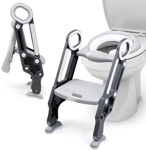 Crystals Toddler Toilet Ladder Seat - Adjustable Potty-Training Seat, Soft Cushion Seat and Anti-Slip Steps Design - Easy to Install Portable Children Potty Training Chair (Grey-White)