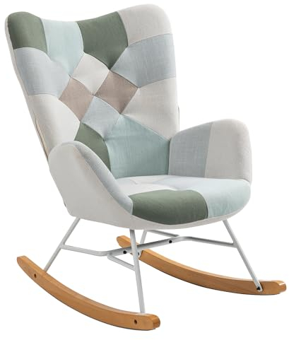 MEUBLE COSY Schaukelstuhl Sessel Schaukelsessel Stillstuhl Schwingstuhl mit Armlehnen Gepolsterter Sitzfläche für Wohnzimmer Schlafzimmer, Balkon, Stoff und Holzkufen, Bis 120 kg Belastbar, Patchwork