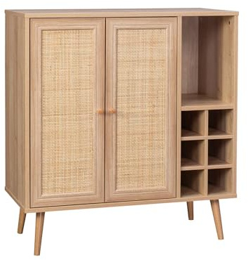 sweeek - Buffet Range Bouteilles Portes en cannage et décor Bois avec casiers. Buffet Haut. vaisselier. 83cm