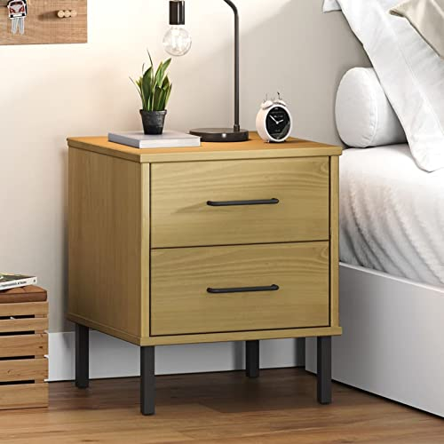 CIADAZ Nachttisch Oslo mit Metallbeinen, Nachtschrank, Nachtkonsole, Bedside Tables, Nachtkästchen, Beistellschrank, Nightstand, Nachtkommode, Braun Massivholz Kiefer