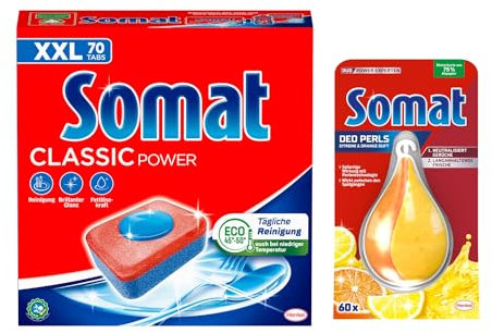 SOMAT Tabs 70 AW Classic Power, Geschirrspül Tabs mit Fettlösekraft für kraftvolle Reinigung, für sauberes Geschirr + Somat Duo Power Experten Deo Perls 60 AW Zitrone & Orange Duft