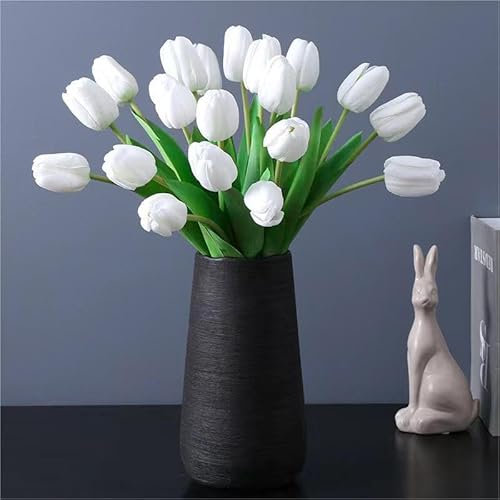 Hroevc 20PCS Tulips Artificial Flowers Indoor, Fake Silk Flowers 13 for Home Decor, Faux Tulips Flowers Real Touch for Office Room Wedding Decoration(White)