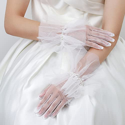 IYOU Damen Hochzeit Handschuh Weiß Perle Kurze Handschuhe Spitze Prom Abend Party Braut Handschuhe Schmuck für Braut und Brautjungfer