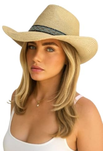Women's Straw Cowboy Cowgirl Hat, Adjustable One Size, Packable & Crush Proof,Aztec Style Headband, Faux Leather Bow Tie Tassel