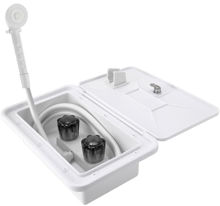 RV - Box doccia per esterni, con tubo da 4,92 pollici, soffione doccia, lucchetto, chiavi per doccia esterna, kit per barche e camper, bianco