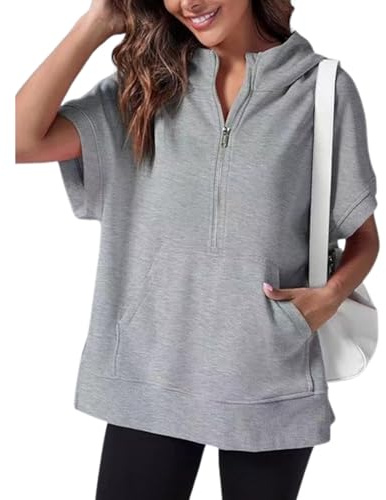 NAKEAH 2024 överdimensionerad avslappnad halvdragkedja kortärmad pullover toppar, enfärgad halvdragkedja kortärmad tröja med huva med ficka (stor, grå)