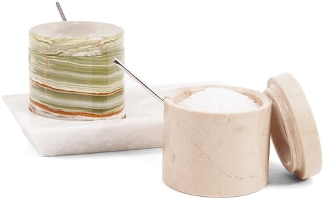 Radicaln marmor saltkällare med lock 7,6 cm Verona och grön handgjord saltbehållare set med 2 med bricka för köksbord, idealisk kryddburk, saltlåda och sockerhållare för heminredning