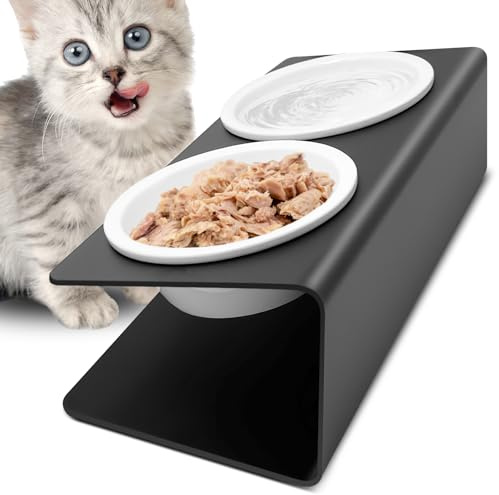 Vikcvcsc Katzennapf Erhöht - 2X Fressnapf Katze aus Keramik mit Metall Ständer - Futterstation Katzen Erhöht - Katzen Napfset für Katzen Hunde Welpe Futter und Wasser