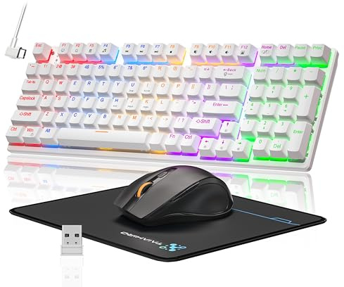 Teclado y mouse mecánicos inalámbricos para juegos, 98 teclas RGB retroiluminadas con interruptor azul, ratones ergonómicos inalámbricos para juegos con alfombrilla de mouse, 3 modos USB-C/2.4G/BT5.0