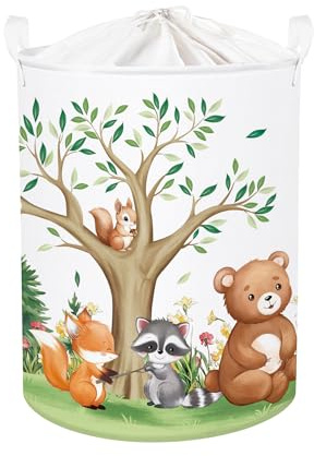 HUUMONSS Groß Wäschekorb Wasserdicht Aufbewahrungskorb für Kinder, 63L | Aufbewahrungsbox mit Stoff, Kleidung Spielzeug Buch Decke, Junge Mädchen Kinderzimmer Badezimmer Waschküche, Waldtiere