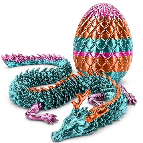 3D Printed Dragon in Egg – Fully Articulated Gemstone & Crystal Figurine – Unique Fantasy Gift, Collectible Rainbow Dragon Egg Toy for Christmas, Easter, Birthdays, Home & Office Executive Desk Decor