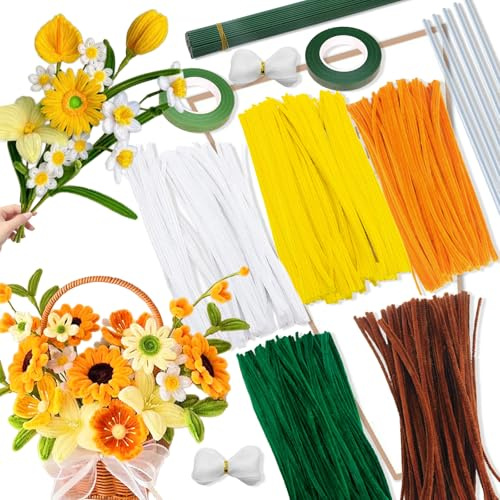 449 Stück Sonnenblume Pfeifenreiniger Blumen Set, Pipe Cleaner Flower Set mit 400 Chenilledraht Gelb, Orange, Braun, Grün, Weiß, 49 Basteldraht+Geschenkpapier+Geschenkband, Pfeifenreiniger zum Basteln