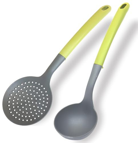 Fackelmann Set Mestoli da cucina 2 pezzi, mestolo e schiumarola, materiale in nylon, mestoli da cucina lavabili in lavastoviglie, utensili resistenti al calore, Linea Oliva
