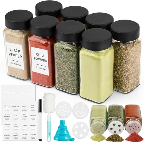 Ferenando Botes Especias Cristal 8 Pcs, 120ml Frascos Especiarias Vidrio con 3 Tipos de Tamiz, 32 Etiquetas, Tarros Especias Cristal Cuadrados con Embudo, Cepillo Limpieza y Bolígrafo