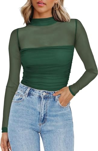 Zeagoo Women's Mesh Tops Long Sleeve See Through Blouse Sexy Slim Fit Shirt | Elegant Ruched Blouse for Party, Festival and Clubwear XS-XXL