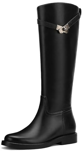 Rogerdream Knee High Boots Women | Tall Riding Faux Leather Low Heel Boots | Round Toe Pull On Wide Calf with Buckle Strap Comfort for Fall | Winter Dress