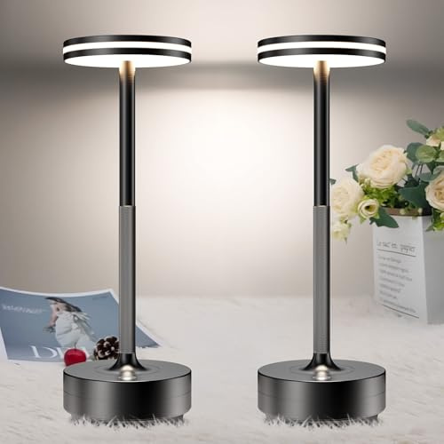 Lampada da Tavolo Senza Fili 2 Pezzi 5000mAh Ricaricabile LED,Ristorante | Eye-Protect Luce a USB Batteria Dimmerabile,Impermeabile,3 Modalità di Colore,per Interno/Comodino/Esterno(Nero)
