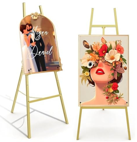 Goldener Staffelei-Ständer für Hochzeitsschilder, robuste Metall-Staffelei mit verstellbarer Kette, 4-stöckige Höhe, Kunststaffelei für Kunst, Malerei, Willkommensschild, Poster und kommerzielle