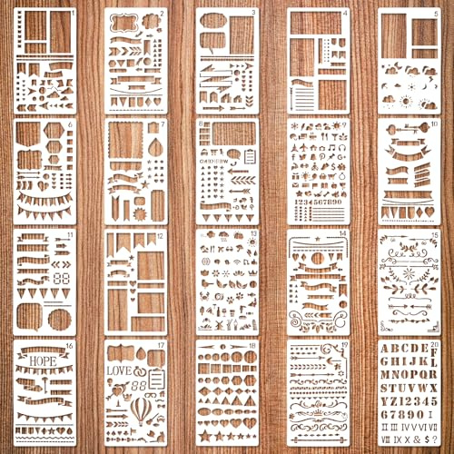 20 stycken dagboksmallar, planerare, dagbok, mallar, återanvändbara journal, tillbehör av plast, gör-det-själv målning, ritmallar för anteckningsbok, dagbok, scrapbook, fotoalbum dekoration
