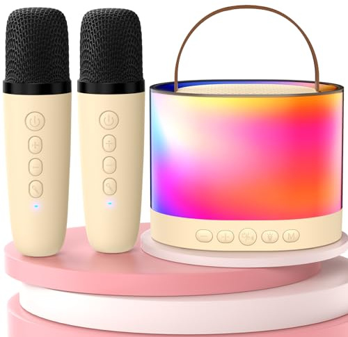 JYX - Máquina de karaoke D23-T-Beige con 2 micrófonos para niños y adultos, altavoz Bluetooth portátil inalámbrico